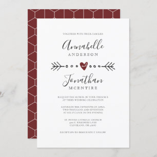 Simple Geometry Heart and Arrow Red Wine Wedding Invitation