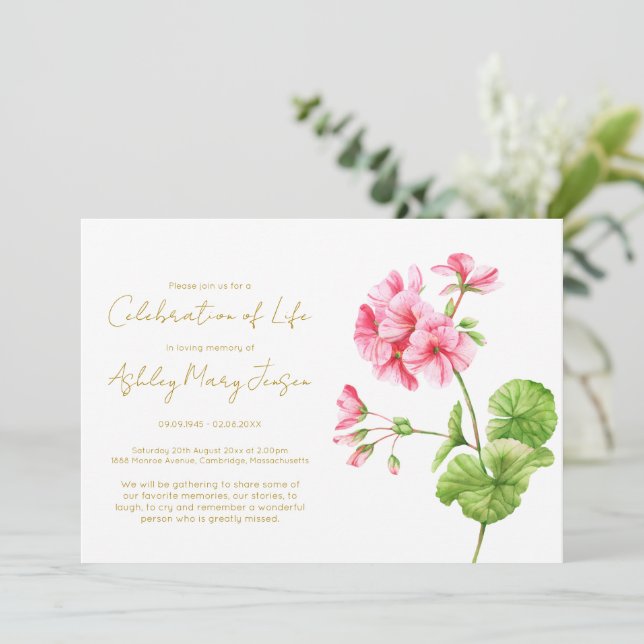 Simple Geranium Celebration of Life Funeral Invitation (Standing Front)