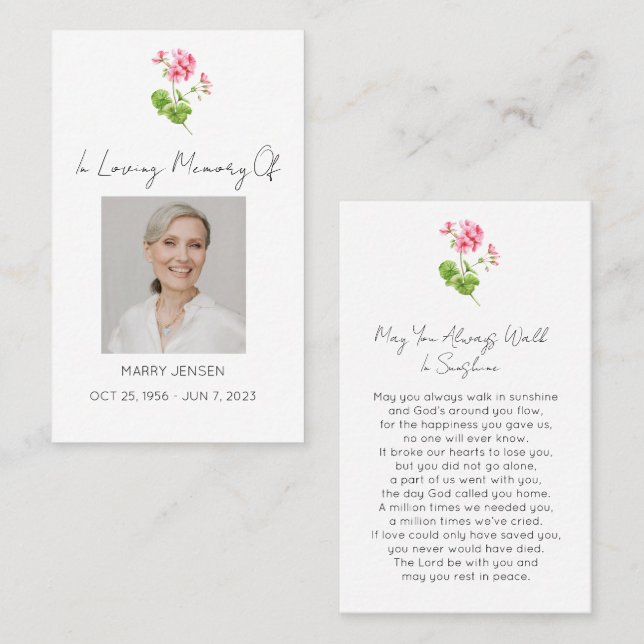 Simple Geranium Photo Funeral Prayer Card (Front/Back)