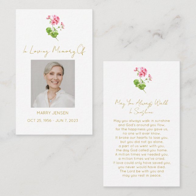 Simple Geranium Photo Funeral Prayer Card (Front/Back)