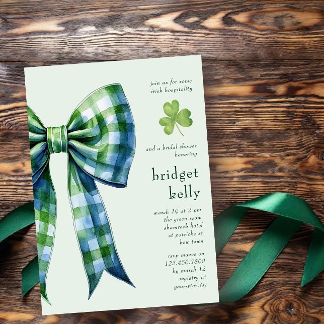 Simple Gingham Bow Elegant Irish Bridal Shower Invitation (Creator Uploaded)