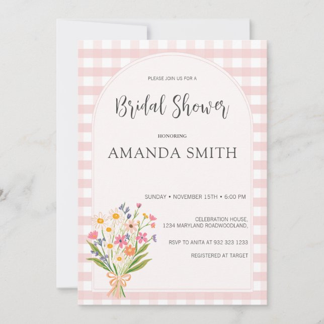 Simple Gingham Pink Floral Bridal Shower  Invitation (Front)