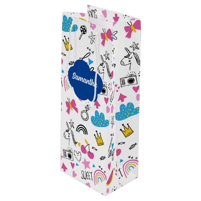 Simple Girly First Name Colourful Birthday Pattern Wine Gift Bag (Front Angled)