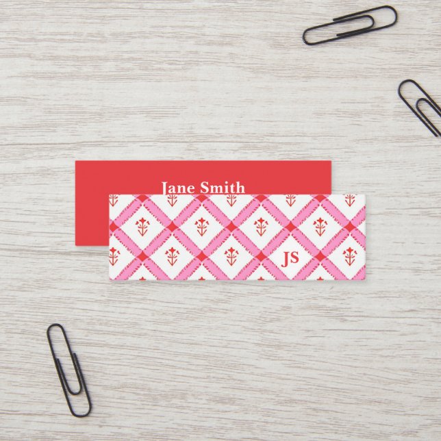 Simple Girly Minimal With Initials | Pink & Red Mini Business Card (Front/Back In Situ)