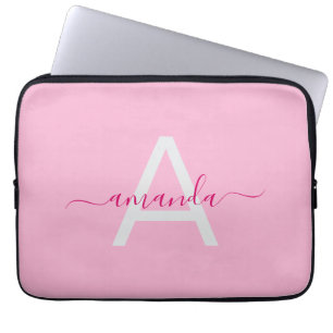 Simple Girly Pink Personalised Name & Monogram Laptop Sleeve