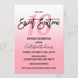 Simple Girly Pink White Gradient Ombre Sweet 16 Invitation