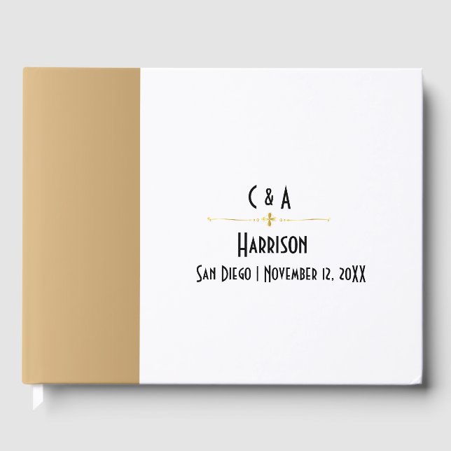 Simple Glam Gold and White Couples Monogrammed  Guest Book (Front)