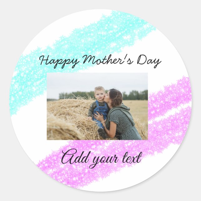 Simple glitter pink blue mothers day add name phot classic round sticker (Front)