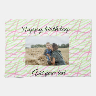 Simple glitter red green add your photo birthday tea towel