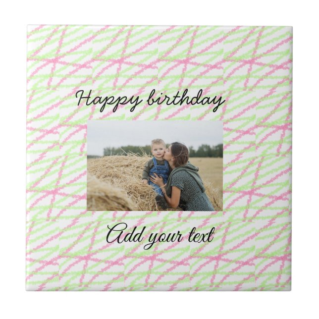Simple glitter red green add your photo birthday   tile (Front)