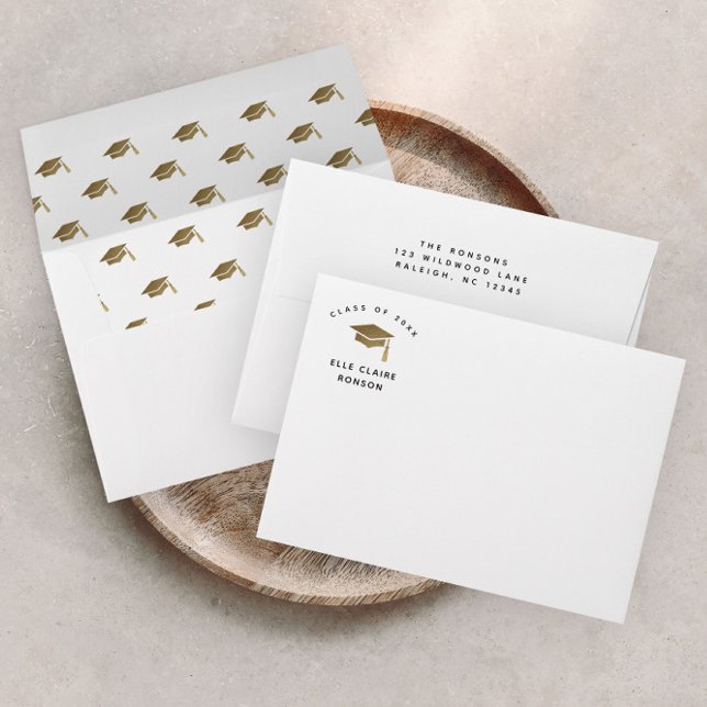 Simple Gold and Black Class of Graduation Envelope (Elegant simple black and gold graduation cap invitation or announcement envelopes.)