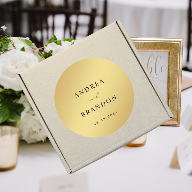 Simple Gold and Black Minimalist Elegant Wedding Classic Round Sticker (Creator Uploaded)
