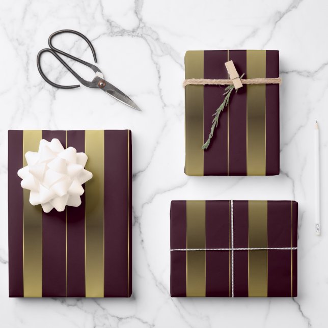 Simple Gold And Burgundy Geometric Stripes Wrapping Paper Sheet (Front)