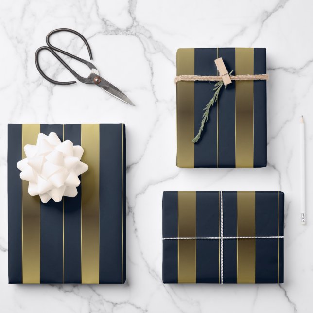 Simple Gold And Navy Blue Geometric Stripes Wrapping Paper Sheet (Front)