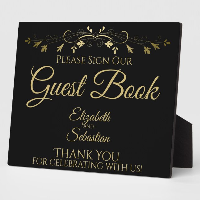 Simple Gold & Black Please Sign Guest Book Sign Plaque (Side)