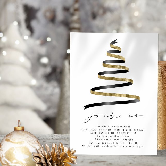 Simple Gold Black Tree Christmas Party Invitation (Creator Uploaded)