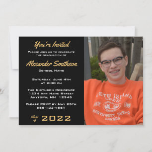 Simple Gold Black & White Graduation Photo Invitat Invitation