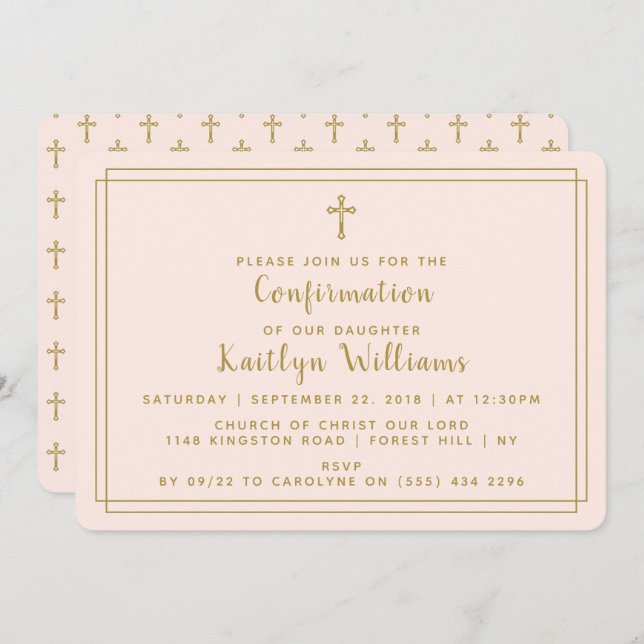 Simple Gold & Blush Pink Holy Cross Confirmation Invitation (Front/Back)