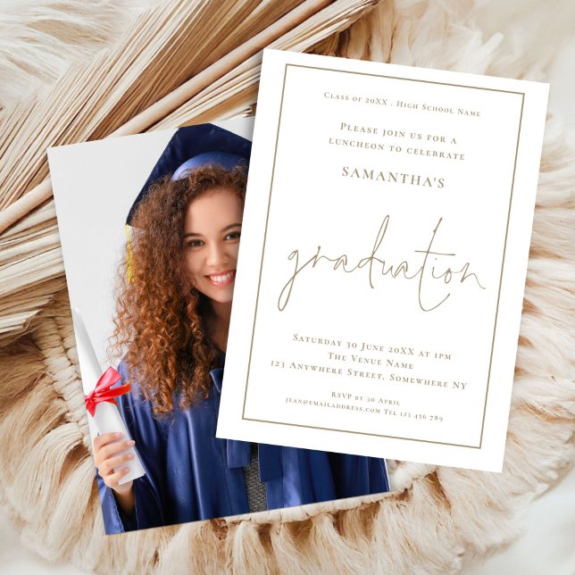 Simple Gold Border Photo Grad Luncheon Graduation Invitation (front and back view)