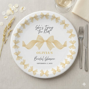 Simple Gold Bow She's Tying the Knot Bridal Shower Paper Plate