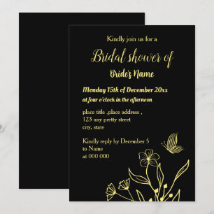 Simple gold butterflies black bridal shower invitation
