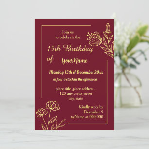 Simple gold butterflies burgundy birthday invitation