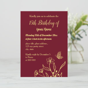 Simple gold butterflies burgundy birthday invitation