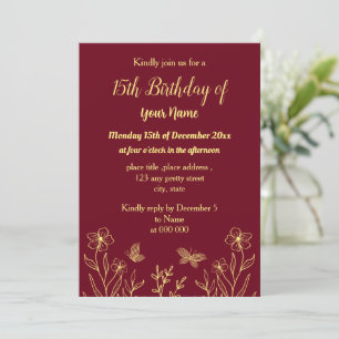 Simple gold butterflies burgundy birthday invitation