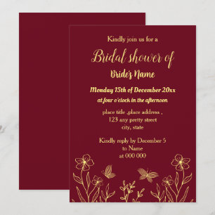 Simple gold butterflies burgundy bridal shower invitation