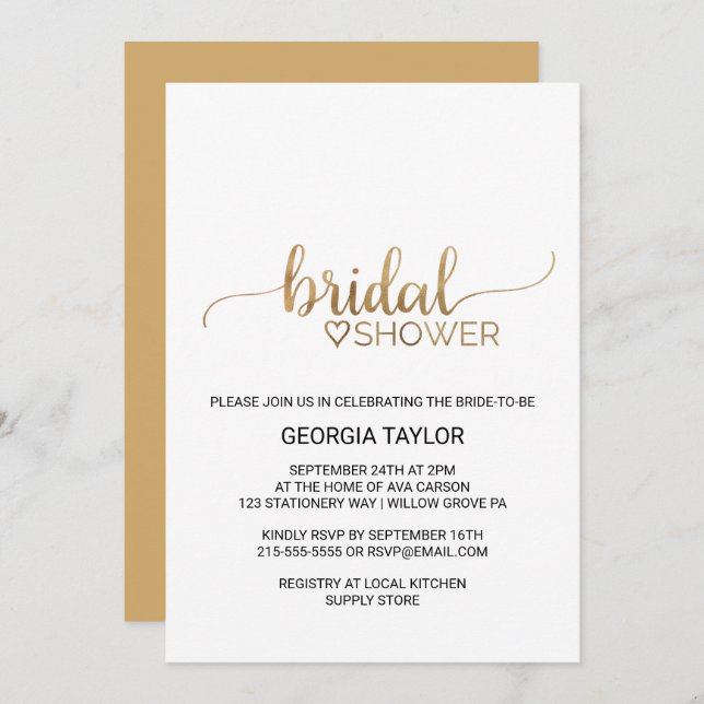 Simple Gold Calligraphy Bridal Shower Invitation (Front/Back)
