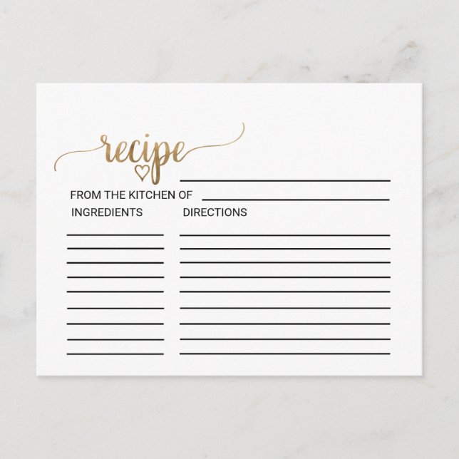 Simple Gold Calligraphy Bridal Shower Recipe Cards (Front)