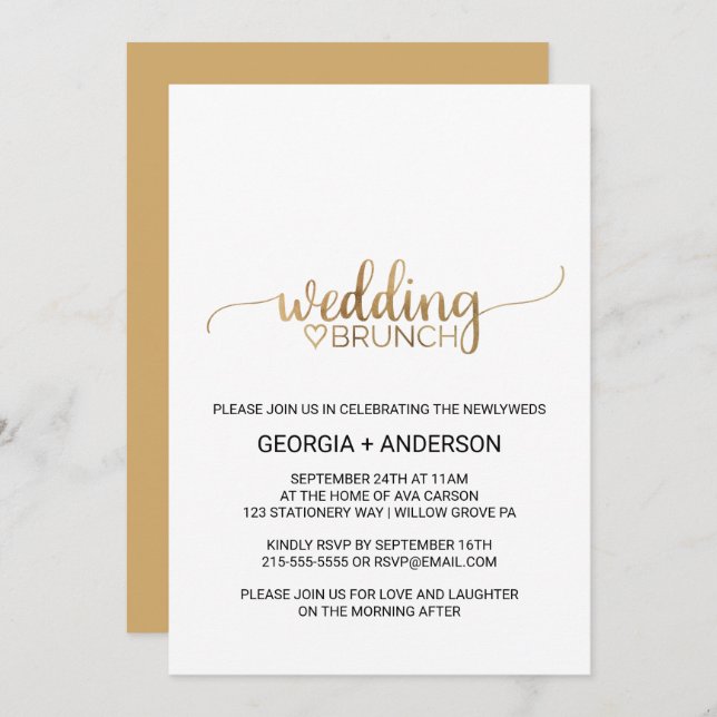 Simple Gold Calligraphy Wedding Brunch Invitation (Front/Back)