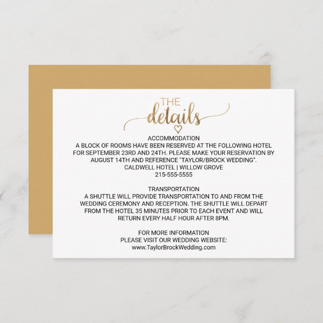 Simple Gold Calligraphy Wedding Details Card (Front/Back)