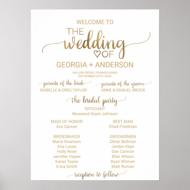 Simple Gold Calligraphy Wedding Program Poster (Front)