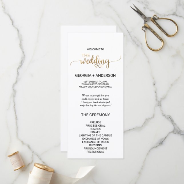 Simple Gold Calligraphy Wedding Program Programme (Front/Back In Situ)