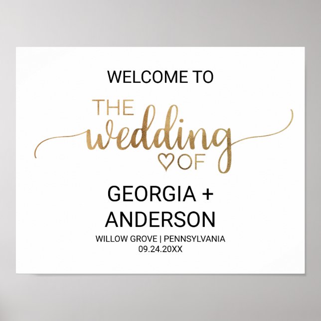Simple Gold Calligraphy Wedding Welcome Poster (Front)