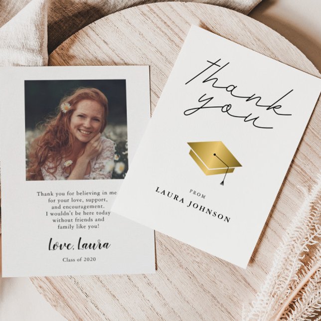 Simple Gold Cap Graduation Photo Thank You Card (Creator Uploaded)