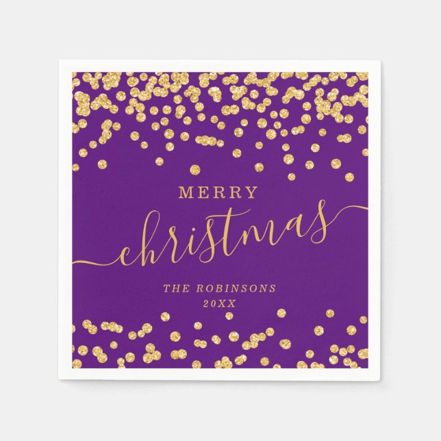 Simple GOLD Christmas Holidays Glitter Purple Napkin (Front)