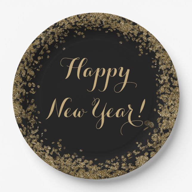 Simple Gold Confetti and Black Happy New Year Paper Plate (Front)