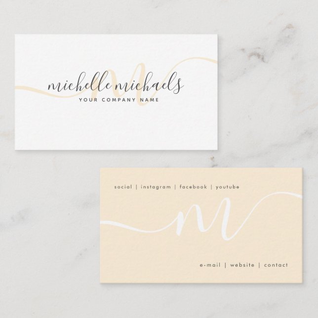  Simple Gold Cream Minimal Monogram Script  Business Card (Front/Back)