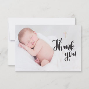 Simple Gold Cross Baby Baptism Thank you Photo Card