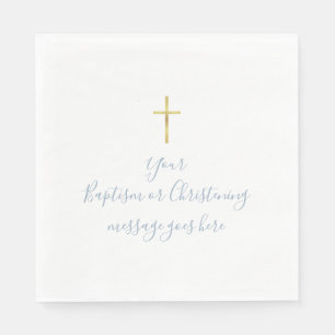 Simple Gold Cross Baptism Christening Dusty Blue Napkin