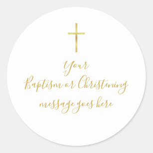 Simple Gold Cross Baptism Christening Message Classic Round Sticker