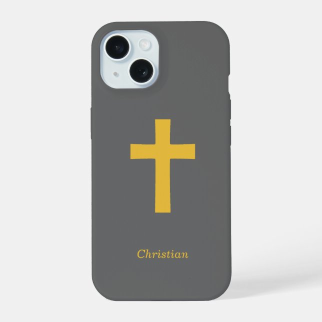 Simple Gold Cross Black iPhone 15 Case (Back)