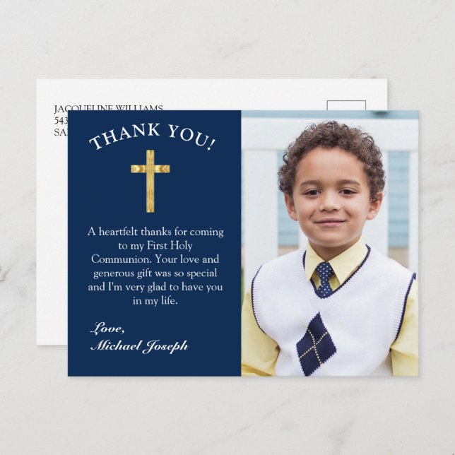 Simple Gold Cross Dark Blue 1st Communion Thanks Postcard (Front/Back)