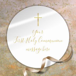 Simple Gold Cross First Holy Communion Message Classic Round Sticker