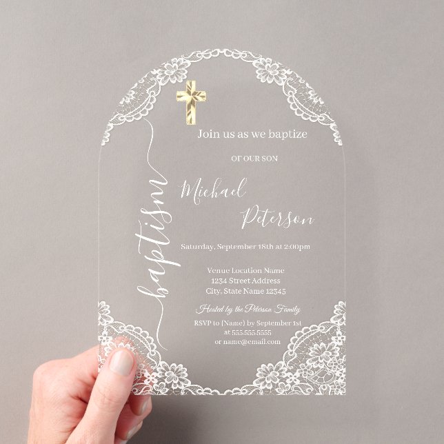 Simple Gold Cross Lace Baptism Dusty Blue Acrylic Invitations (Insitu (Handheld))