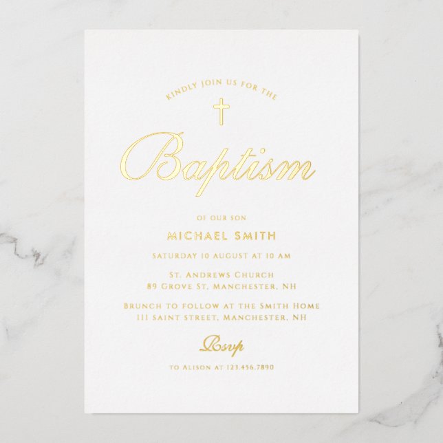 simple gold cross modern baptism invitation (Front)