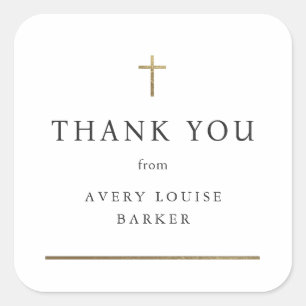 Simple Gold Cross Photo Baptism Thank You Favor  Square Sticker