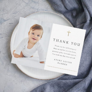 Simple Gold Cross Photo Religious Baptism Thank You Card